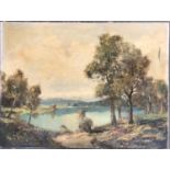 Early 20th oil on canvas, lakeside landscape, signed indistinctly, 61x81cm
