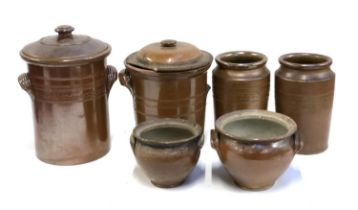 Four stoneware storage jars, the tallest 34cmH and two crocks