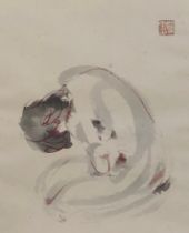 A Chinese ink and watercolour study of a kneeling nude female, 30x24cm, character marks to top right