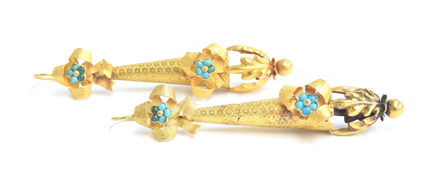 A pair of mid Victorian gold torpedo drop earrings, decorated with bows and turquoise forget-me- - Image 2 of 3