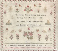 A 19th century needlework verse sampler, worked by Rebecca Smith, aged 11, 1848, reading 'The
