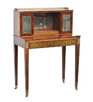 A 19th century rosewood and brass inlay bonheur du jour, three quarter galleried superstructure