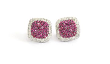 A pair of Effy 14ct white gold earrings pave set with rubies and diamonds, 1.2cm diameter, gross