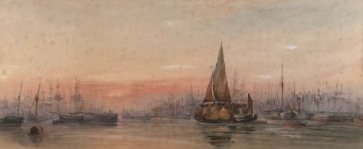 Attributed to Alfred Herbert (1818-1861), ships on calm water at sunset, watercolour, 21.5x52cm