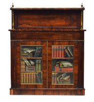 A 19th century rosewood chiffonier, the superstructure with three quarter pierced brass gallery,