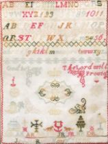 A 19th century needlework alphabet sampler, worked by Jennie Reid, May 3rd, 1888, reading 'God to