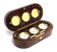 A burr walnut Asprey desk clock set, containing three Swiss made clocks, the central dial with Roman