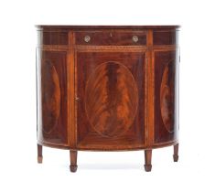 A 19th century mahogany and satinwood crossbanded bowfront cabinet, single drawer over three doors