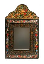 A Persian Qajar mirror, allover painted with birds amongst foliage, part glazed frame, 84cm high x