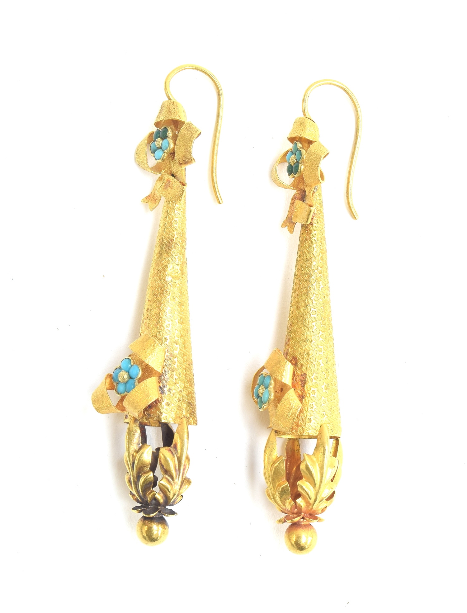 A pair of mid Victorian gold torpedo drop earrings, decorated with bows and turquoise forget-me-