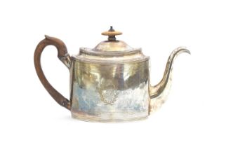 A George III silver teapot by George Burrows, London 1798, oval form with engraved decoration,