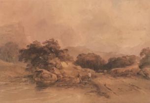 Attributed to Copley Fielding (1786-1855), two gents in a rocky landscape, watercolour, 17.5x25cm