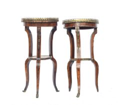 A pair of Sheraton style two tier circular side tables, pierced gilt metal galleries burr walnut and