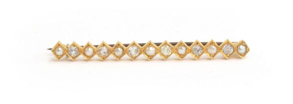 A gold bar brooch set with alternating diamonds and pearls, unmarked but tests as 18ct gold, 4.8cm