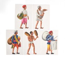 A group of five 19th century Indian gouache on mica paintings of tradespeople, each 10x7cm