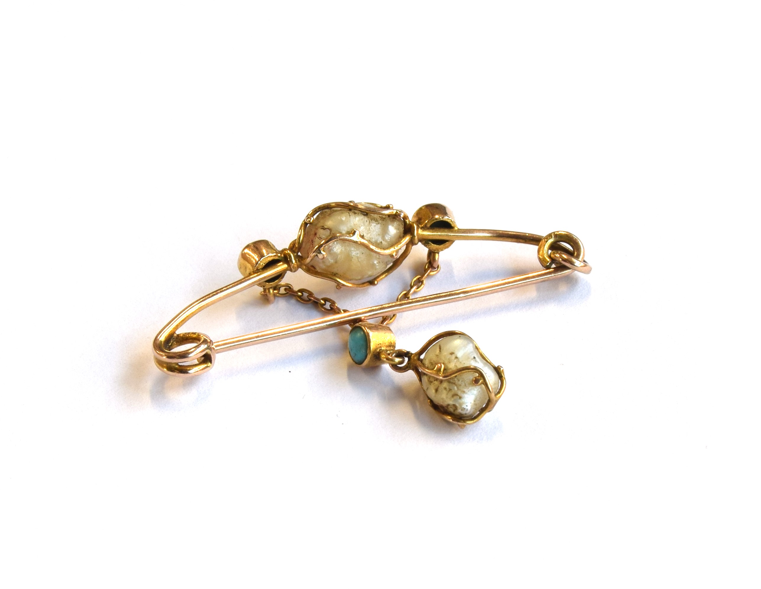An Art Nouveau Murrle Bennett & Co. 9ct gold, turquoise and baroque pearl wire work lavalier brooch, - Image 2 of 2