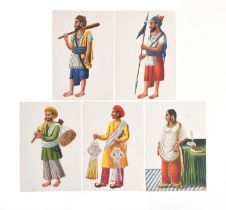 A group of five 19th century Indian gouache on mica paintings of tradespeople, each 10x7cm