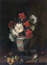 Eugene Henri Cauchois (1850-1911), still life of flowers in vase and glass, oil on board, signed