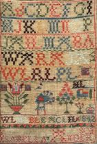 A colourful 19th century needlework alphabet sampler, worked by Isabella Anderson, 1842, depicting a