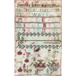 A 19th century needlework alphabet sampler worked by Charles Merriot, charmingly stitched with