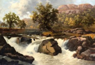 Follower of Edmund Marriner Gill, a rapid flowing river in a rocky landscape, oil on canvas,