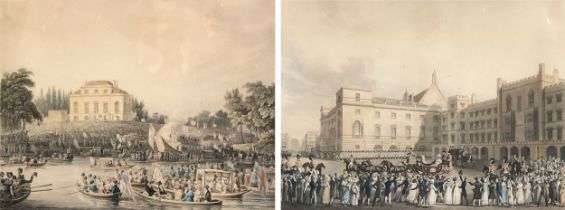 By and after William Dubourg, a pair of colour engravings, 'The Queen Returning' and 'Arrival at