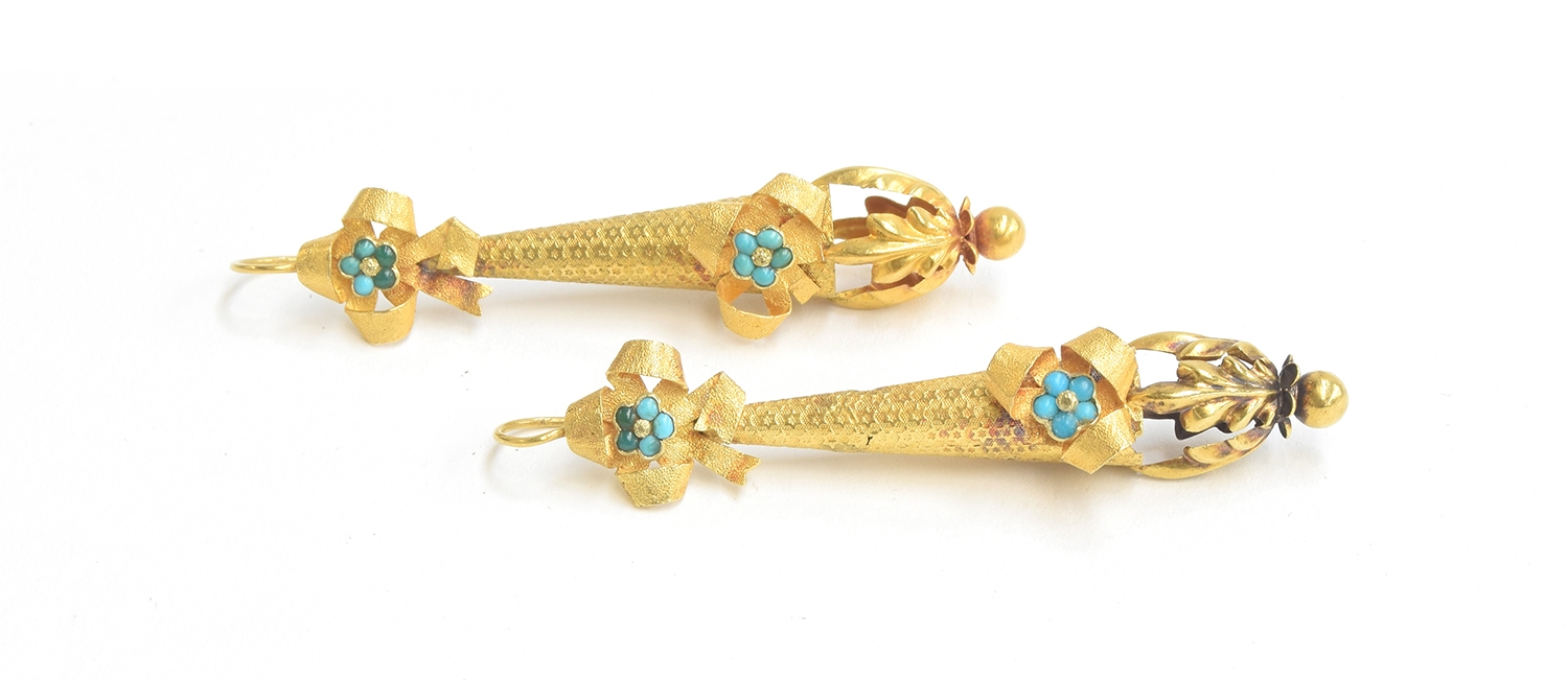 A pair of mid Victorian gold torpedo drop earrings, decorated with bows and turquoise forget-me- - Image 3 of 3