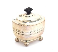A small Edwardian silver tea canister, London 1901, oblong, with banded body raised on four ball