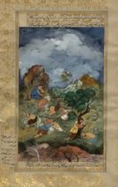A set of four Persian Qajar watercolours, depicting scenes of courtly leisure; together with a