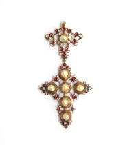 A substantial 18th century gold Iberian cross stomacher pendant, wire set with natural pearls and