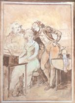 Early 20th century watercolour, two gent's and a lady at the piano, with a seated dog, 75x55cm