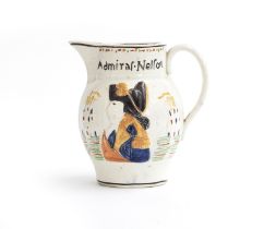 An early 19th century pearlware prattware jug commemorating Admiral Nelson and Captain Hardy, c.