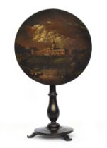 An 18th century ebonised and painted circular occasional table, the tip top painted with building