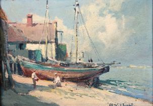 Arthur Vidal Diehl (American, 1870-1929), beached yacht, oil on artists board, bears label to