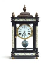 A 19th century French slate and marble mantel clock, the case with four bevelled glass