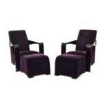 Hugues Chevalier for Gotham, a pair of Ying armchairs, in purple velvet, with matching footstools