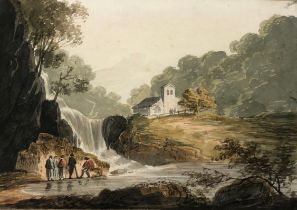 William Payne (1760–1830), 'The Waterfall', watercolour on paper, various labels to verso, 16x22.5cm