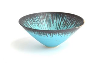 Peter Wills (b.1955), a studio pottery bowl, pale blue with rim drips, signed Wills & PW, 11cm high,