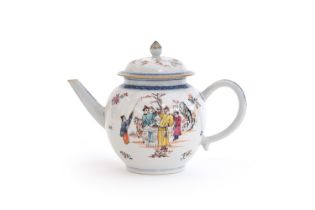 An 18th century Chinese Mandarin porcelain teapot, depicting courtyard scenes and floral sprays,