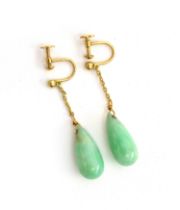 A pair of early 20th century 15ct gold and jade drop earrings, the jade drops 2cm long, gross weight