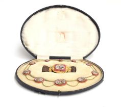 A Victorian Grand Tour micro mosaic demi parure in fitted case, comprising a gold mounted riviere