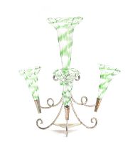 A silver plated and blown glass epergne centrepiece, the tulip shaped vases with green spiral