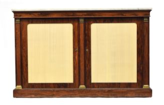 A Regency rosewood and marble topped credenza sideboard, the glazed doors with pleated silk