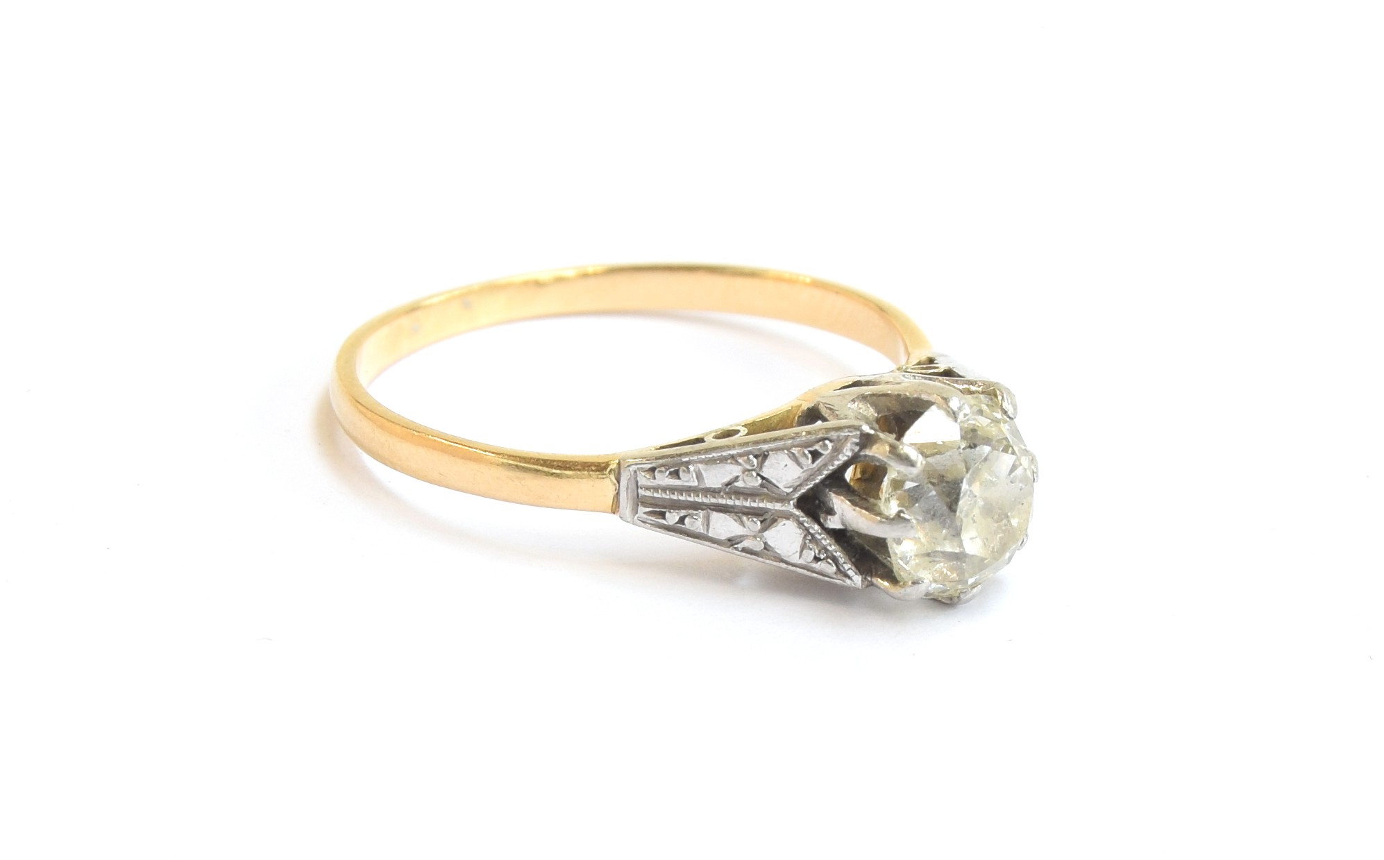 An early 20th century 18ct gold and platinum set diamond solitaire ring, the large old cut diamond - Image 2 of 2