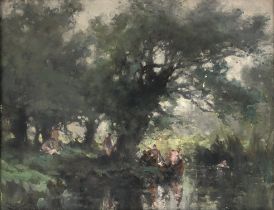 Frank Wasley (1848-1934), A View of Figures beside a river, oil on board, signed, 29x37cm
