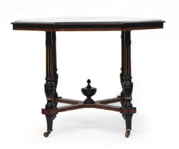 A late Victorian amboyna and ebonised octagonal centre table, attributed to Gillows of Lancaster,