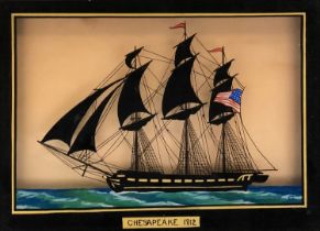 A reverse painting on glass silhouette of the American ship USS Chesapeake, bears label for Daniel's