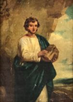19th century oil on board depicting St Stephen, label to verso 'John Wood, 1853', 18x13cm