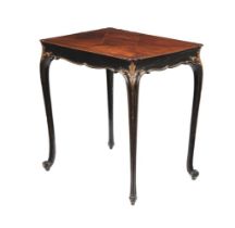 A mahogany, ebonised and parcel gilt side table, 19th century or earlier, geometric banded top,