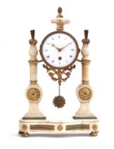 A 19th century French marble and gilt metal mantel clock, supported on two white marble columns